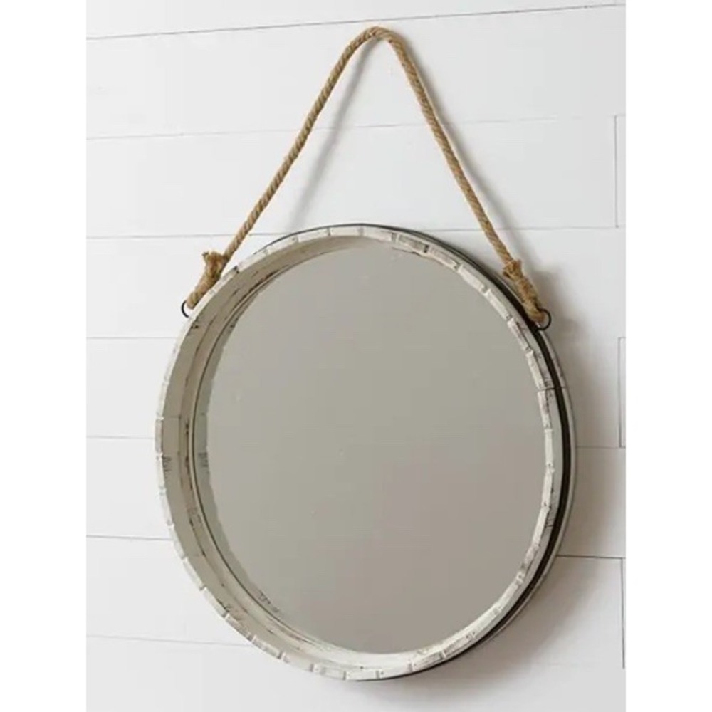 Antique Farmhouse 23.5" Nautical Rope Barrel Wood Hang Wall Mirror Distressed